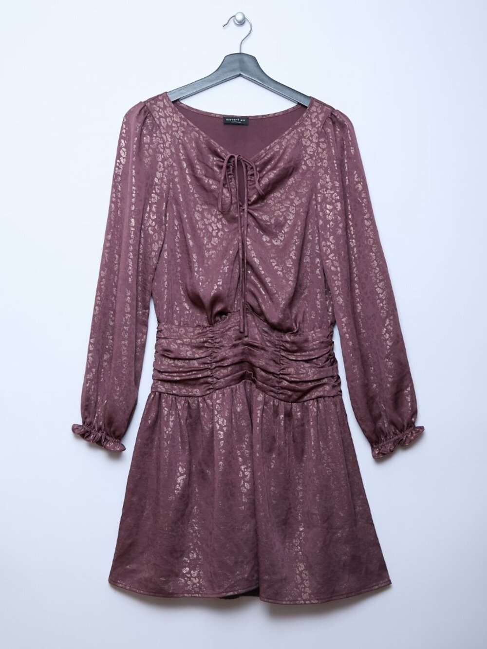 Current Air Leopard Print Ruched Waist Boho Coastal Cowgirl Long Sleeve Dress